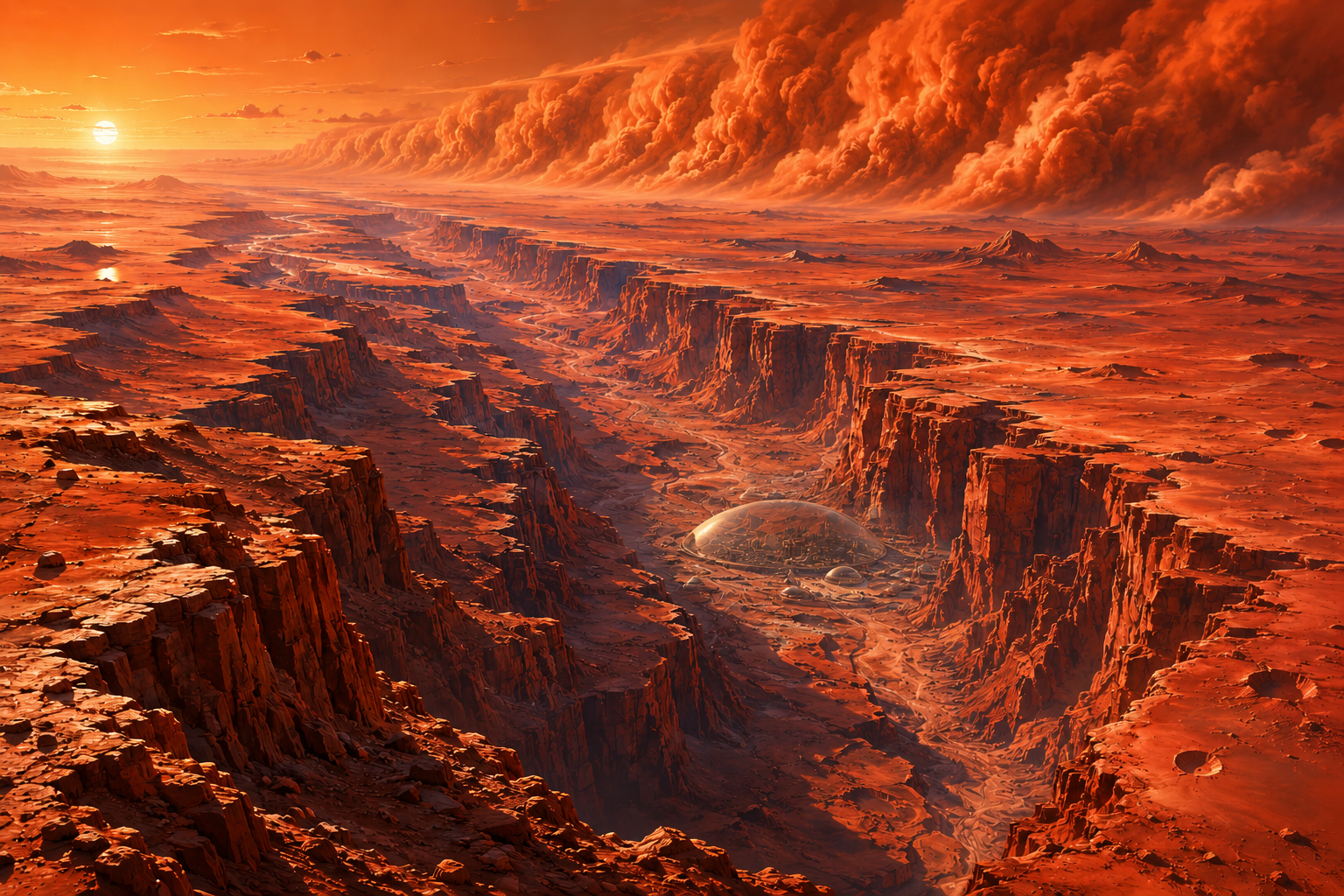 Valles Marineras with glass domed settlement and Dust Storm rising in the distance