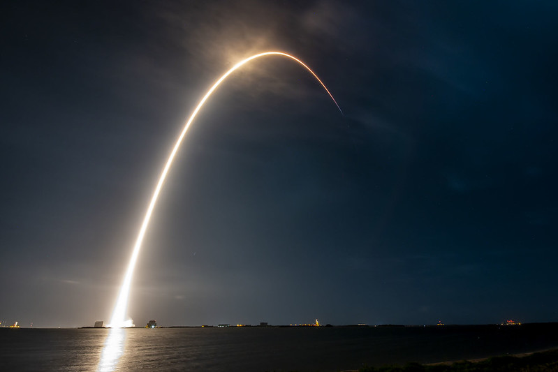 Light arc made by a falcon 9 rocket as it heads for space, for the Intelsat IS-40e Mission