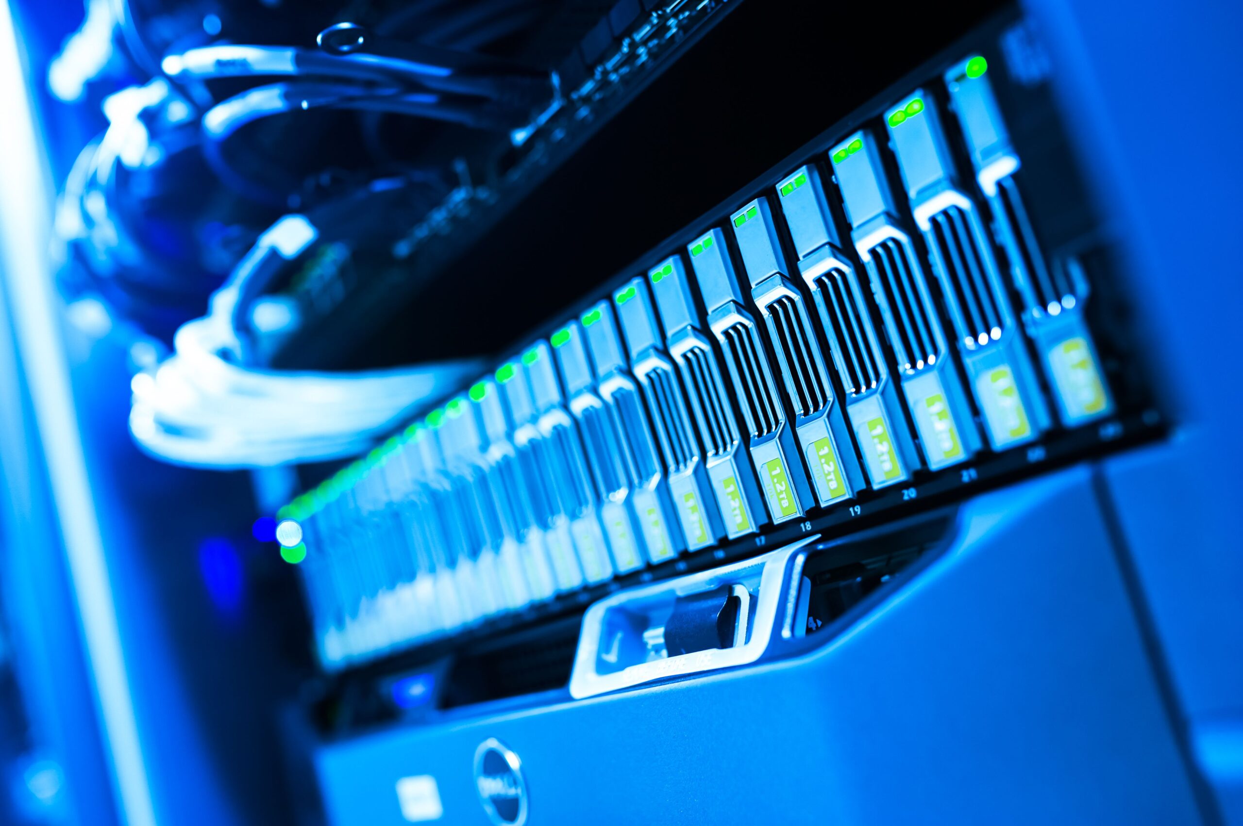 Close up shot on a server rack with drives showing